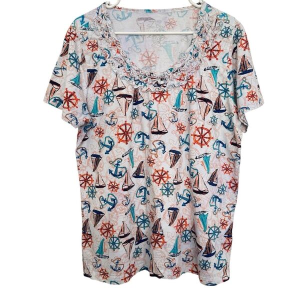 SUN BAY Womens XL Nautical Boat Anchor Print Cotton Short Sleeve Ruffle Neck Top - Picture 1 of 5